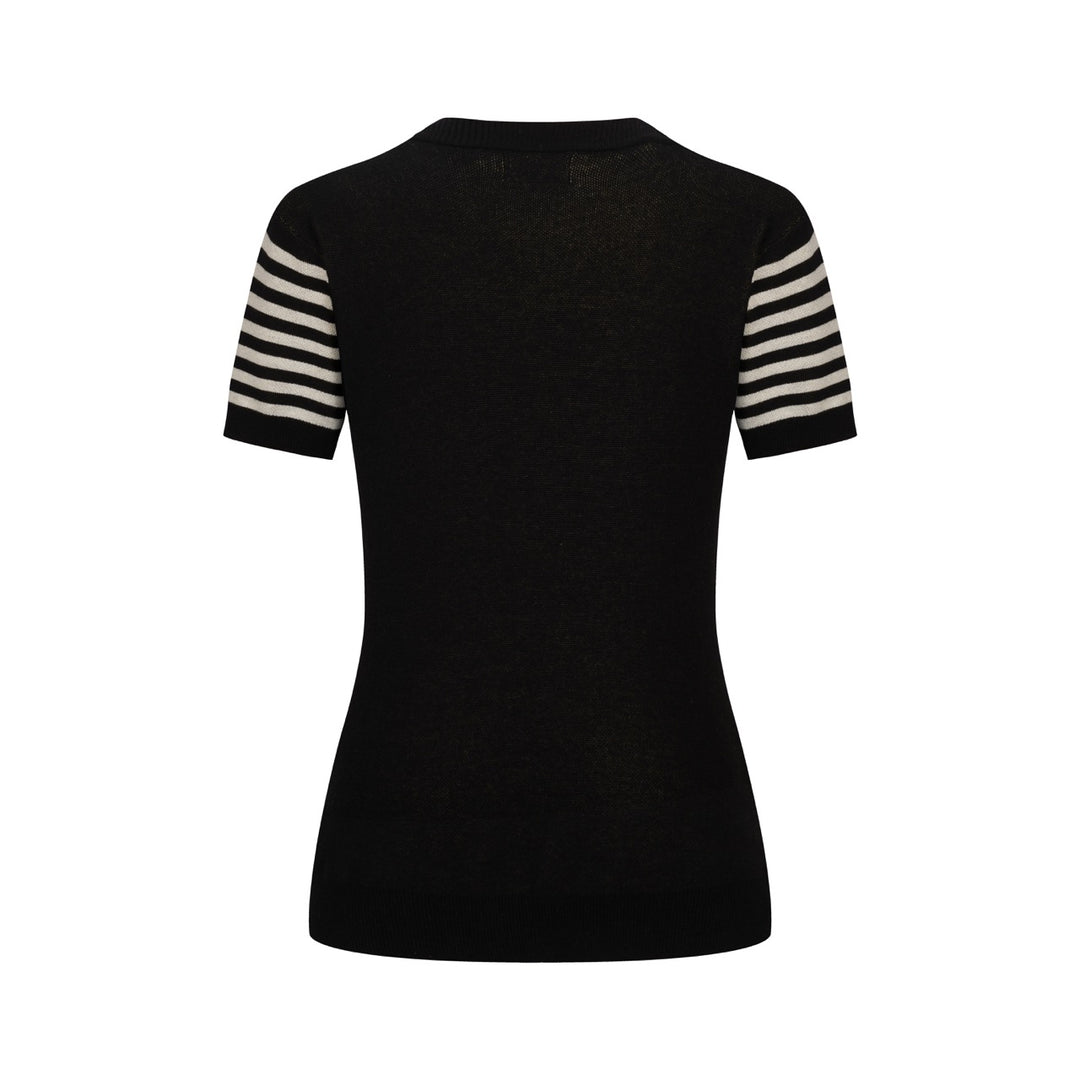 Dame Sort Retro Ørn Jacquard V-hals Strik T-shirt