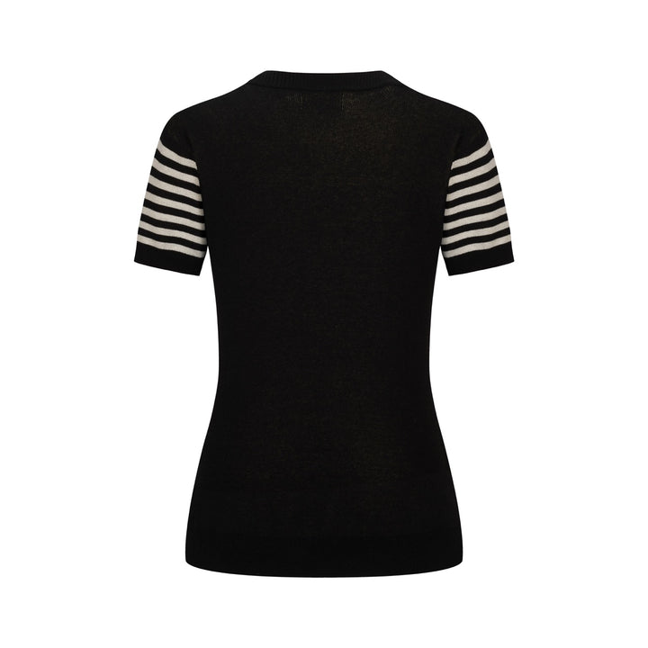 Dame Sort Retro Ørn Jacquard V-hals Strik T-shirt