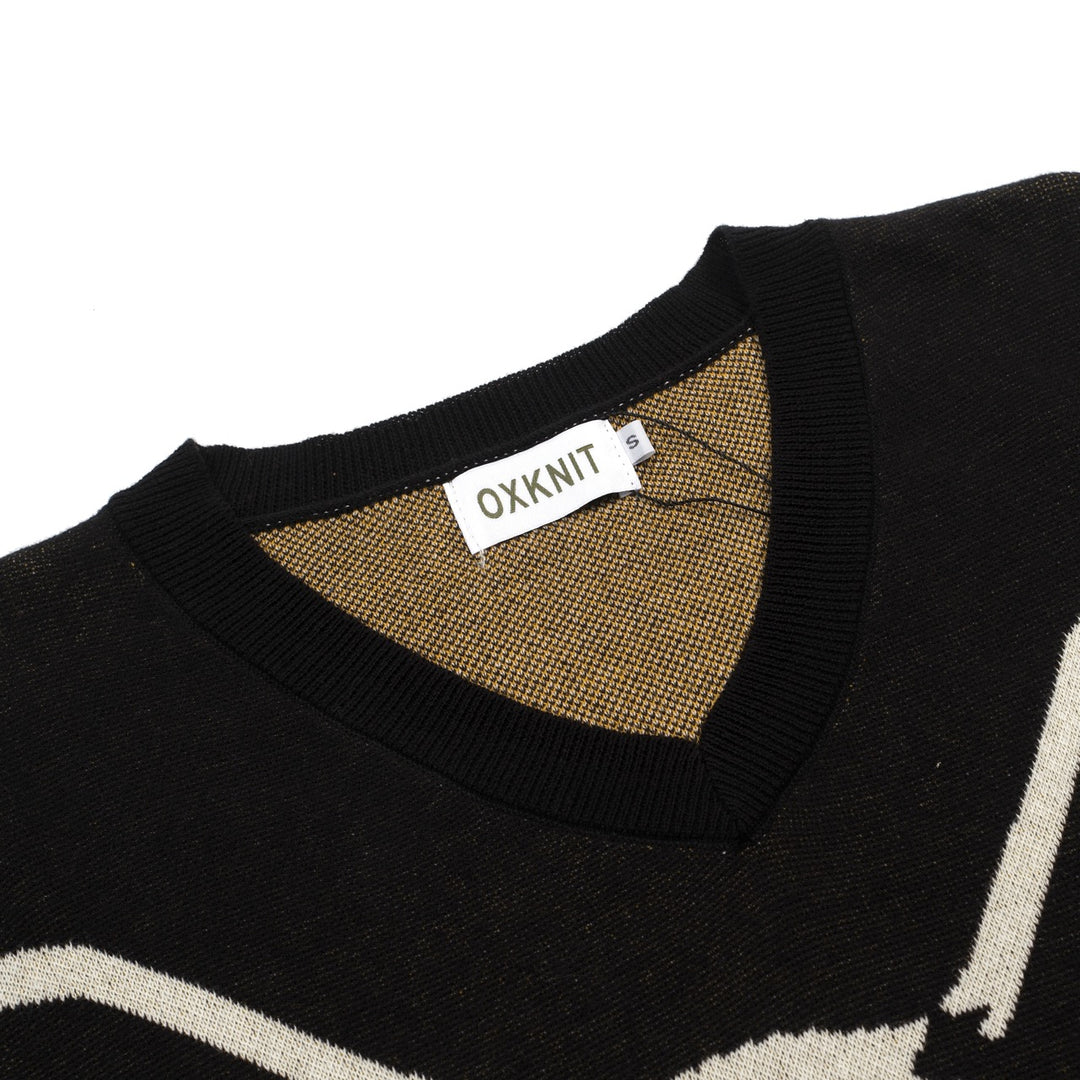Dame Sort Retro Ørn Jacquard V-hals Strik T-shirt