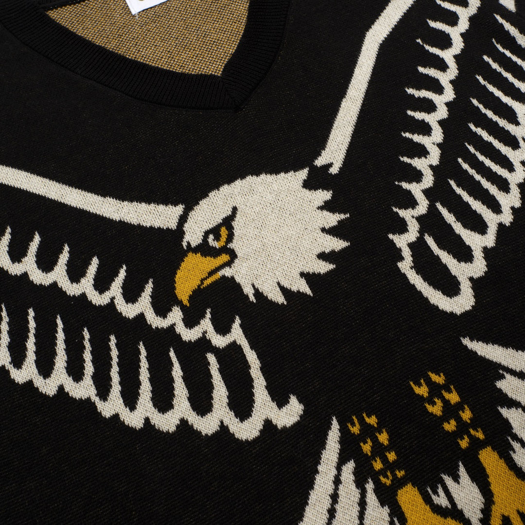 Dame Sort Retro Ørn Jacquard V-hals Strik T-shirt