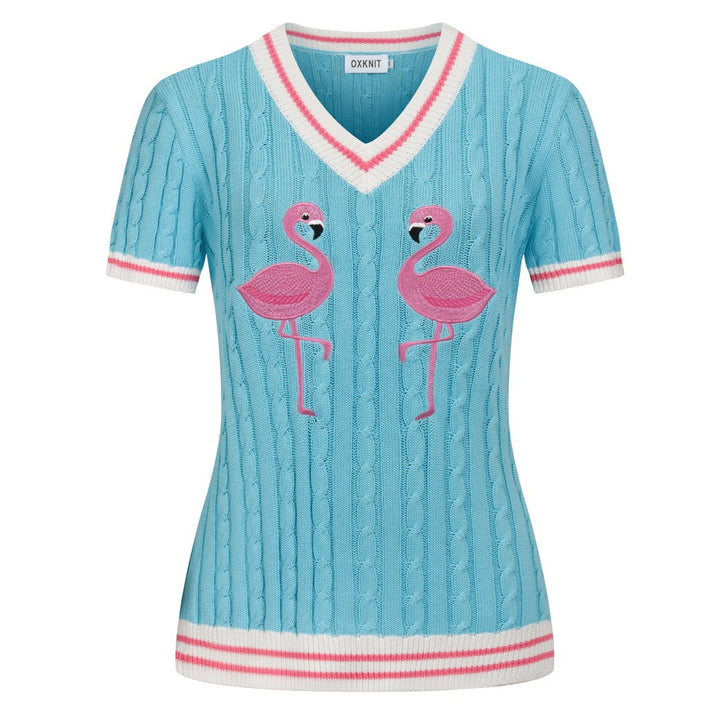 Dames Lichtblauw Retro Kabelgebreid Dier Geborduurd V-Hals Gebreid T-Shirt