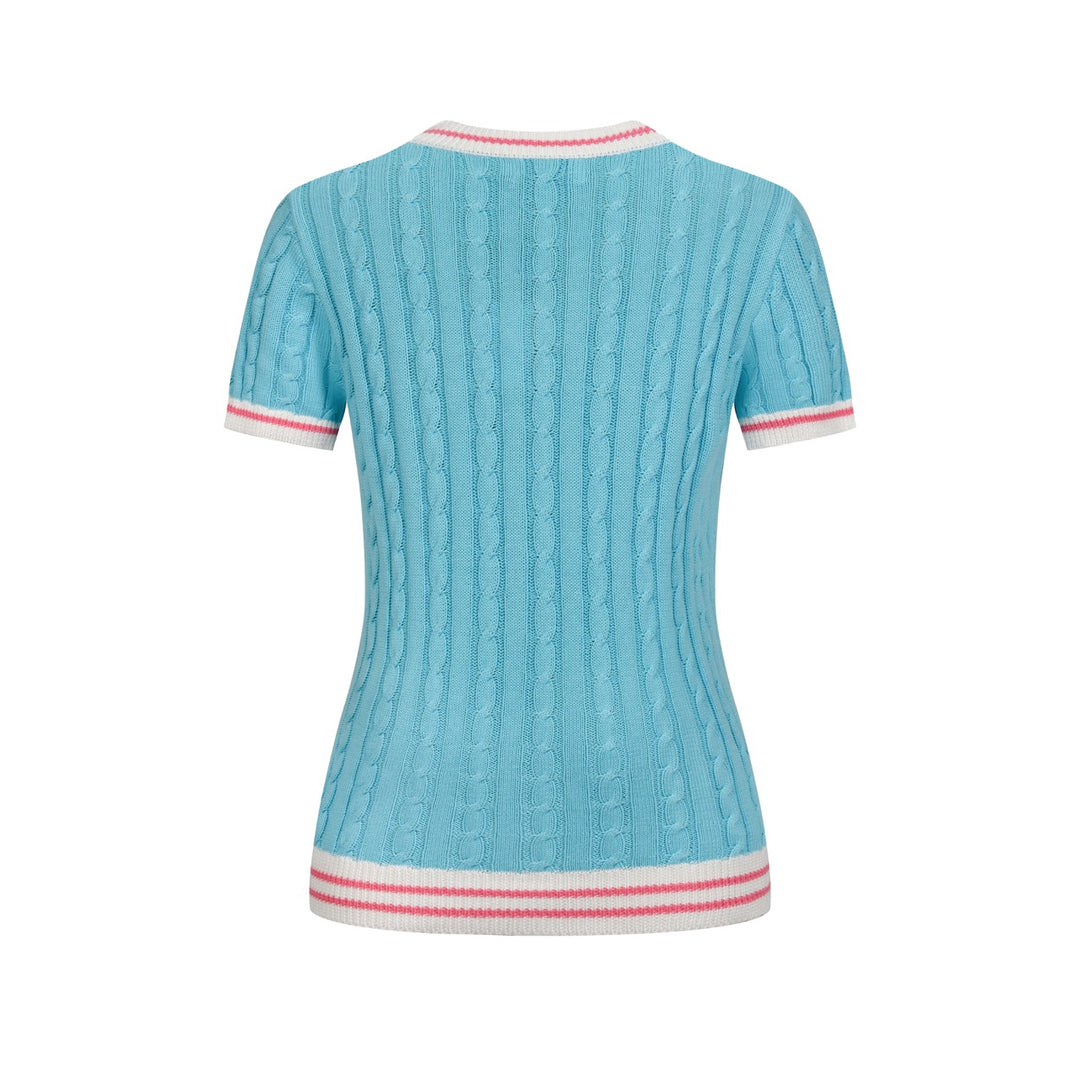 Dames Lichtblauw Retro Kabelgebreid Dier Geborduurd V-Hals Gebreid T-Shirt