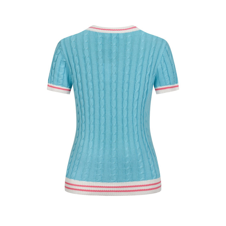Dames Lichtblauw Retro Kabelgebreid Dier Geborduurd V-Hals Gebreid T-Shirt