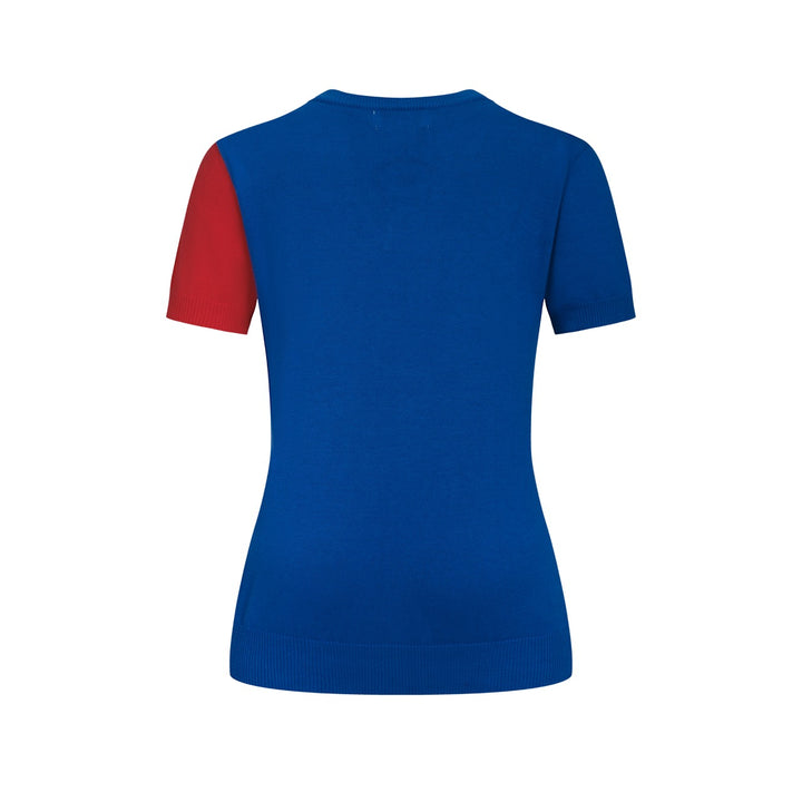 T-shirt en maille jacquard bleu rétro tropical à col en V pour femme