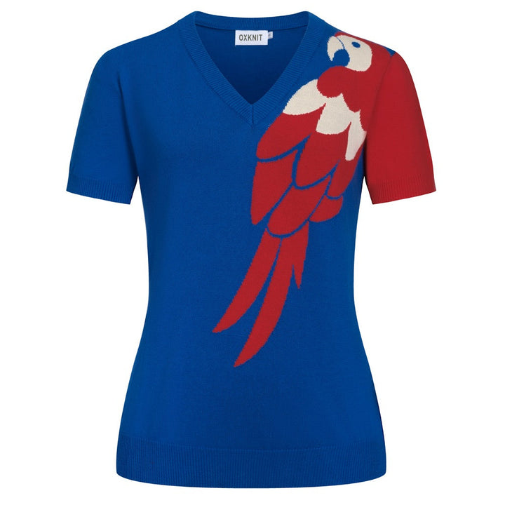 T-shirt en maille jacquard bleu rétro tropical à col en V pour femme