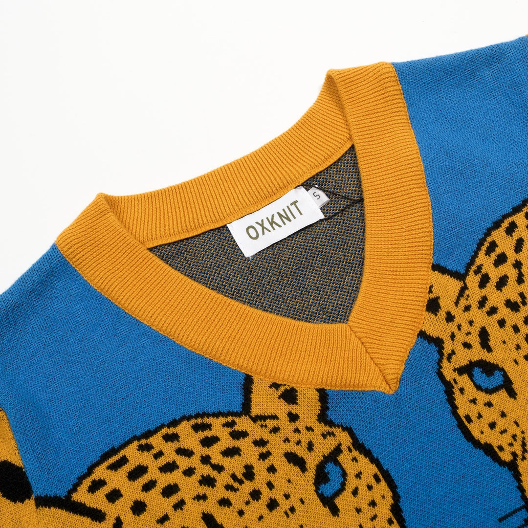 Dames Blauwe Retro Luipaardpatroon Jacquard V-hals Gebreid T-shirt