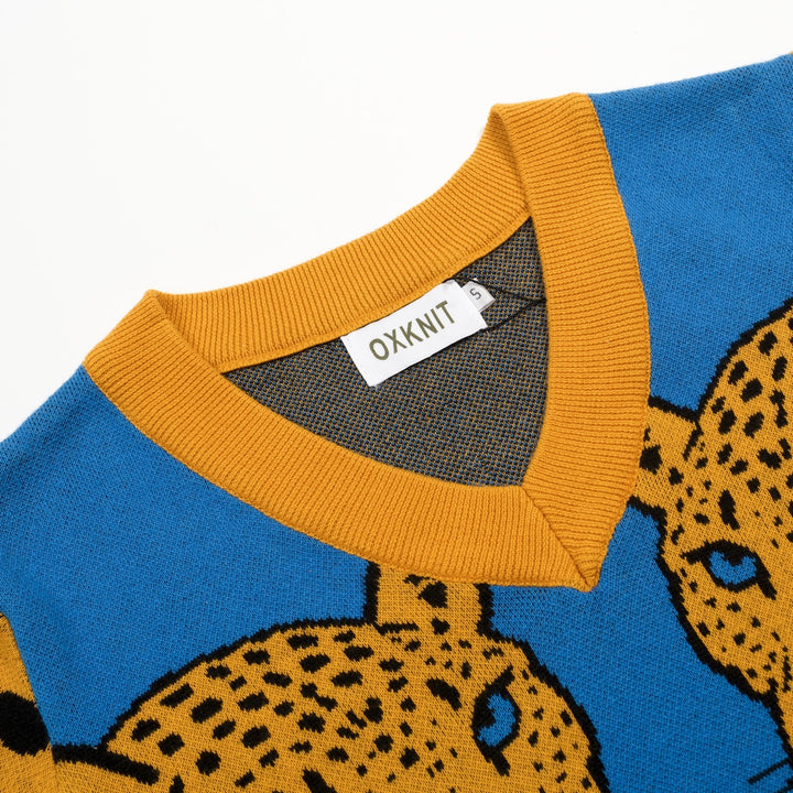 Dames Blauwe Retro Luipaardpatroon Jacquard V-hals Gebreid T-shirt