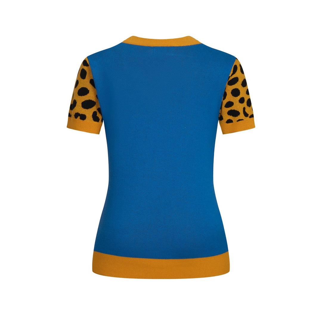 Dames Blauwe Retro Luipaardpatroon Jacquard V-hals Gebreid T-shirt
