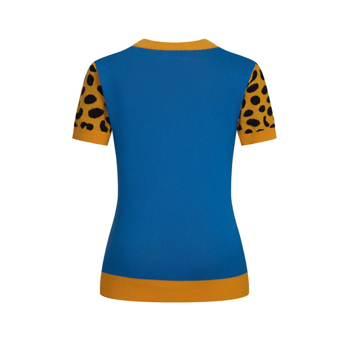 Dames Blauwe Retro Luipaardpatroon Jacquard V-hals Gebreid T-shirt
