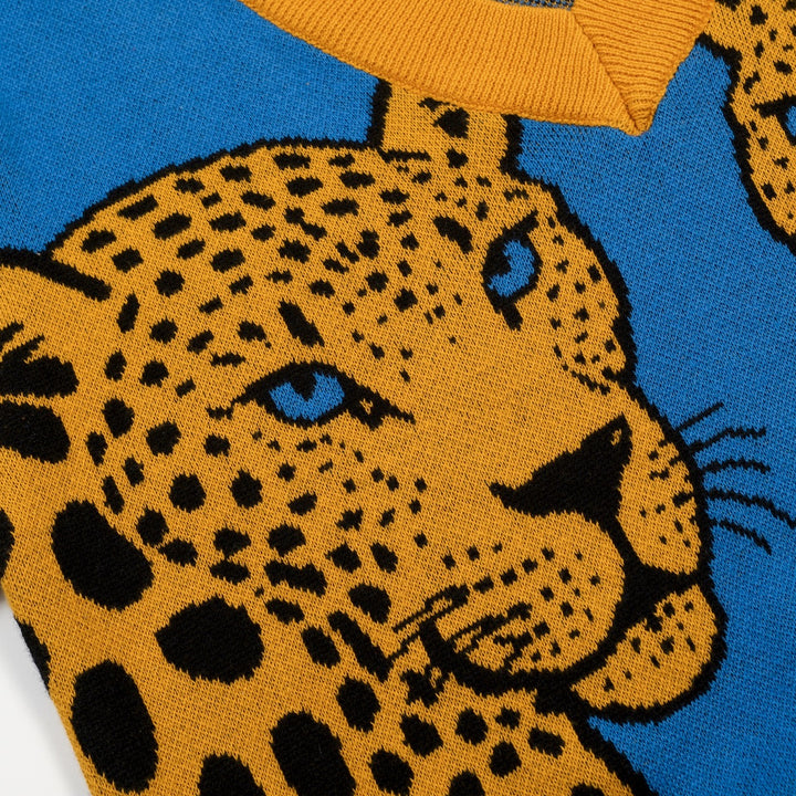 Dames Blauwe Retro Luipaardpatroon Jacquard V-hals Gebreid T-shirt