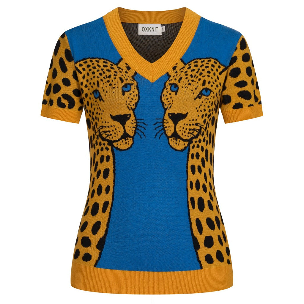 Dames Blauwe Retro Luipaardpatroon Jacquard V-hals Gebreid T-shirt