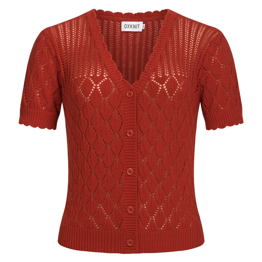 トップス script knit tops thered thread Women's Brick Orange 70s Vacation Hollow Knit Top T-Shirt