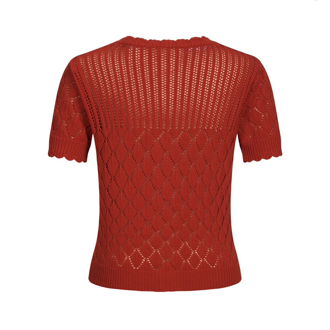 Haut tricoté ajouré orange brique années 70 pour femme - T-shirt court