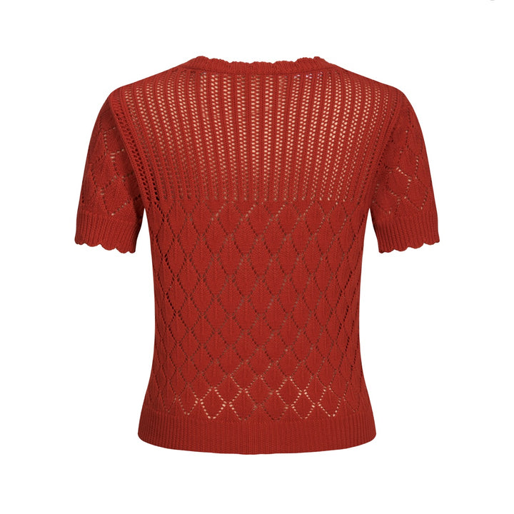 Haut tricoté ajouré orange brique années 70 pour femme - T-shirt court