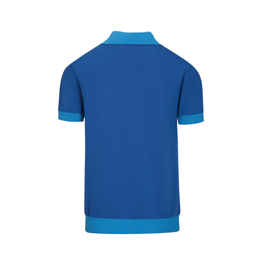 Heren blauwe vintage gebreide polo met dierenborduursel en V-hals