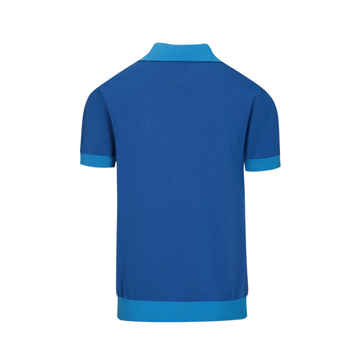 Heren blauwe vintage gebreide polo met dierenborduursel en V-hals