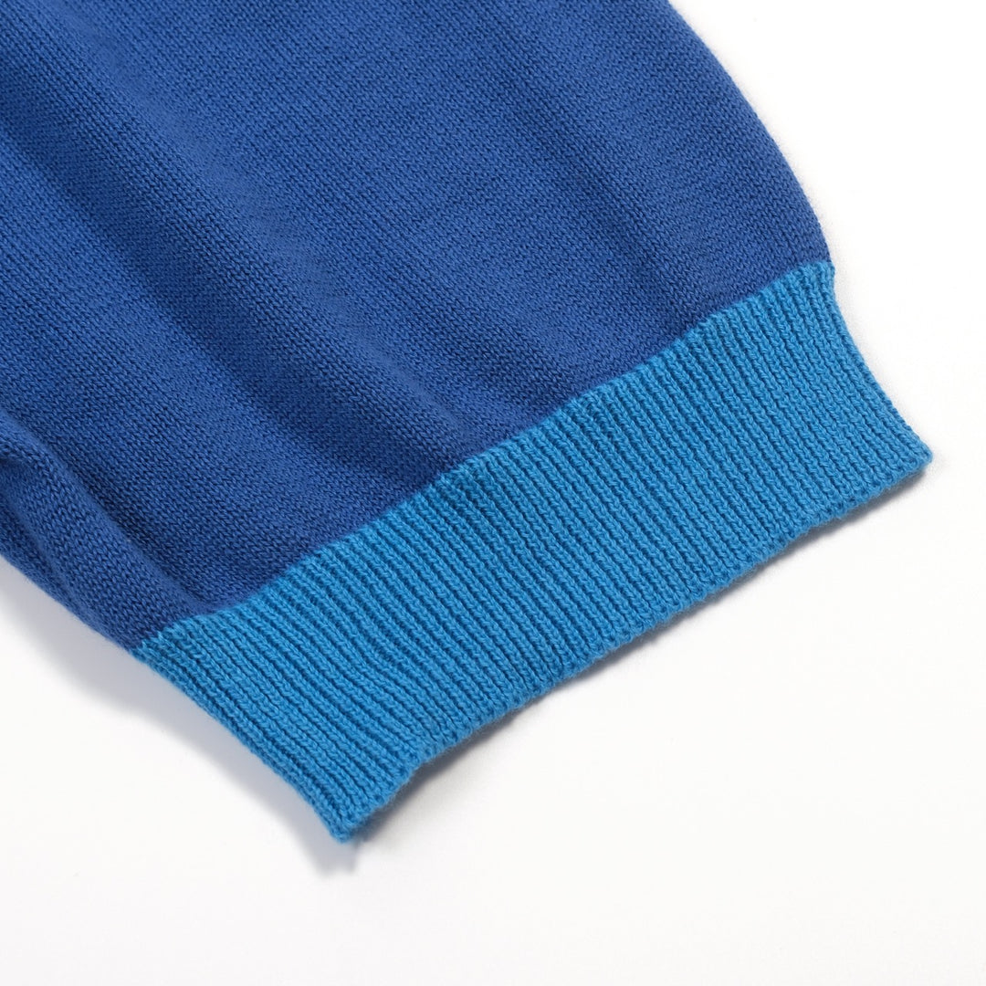 Heren blauwe vintage gebreide polo met dierenborduursel en V-hals