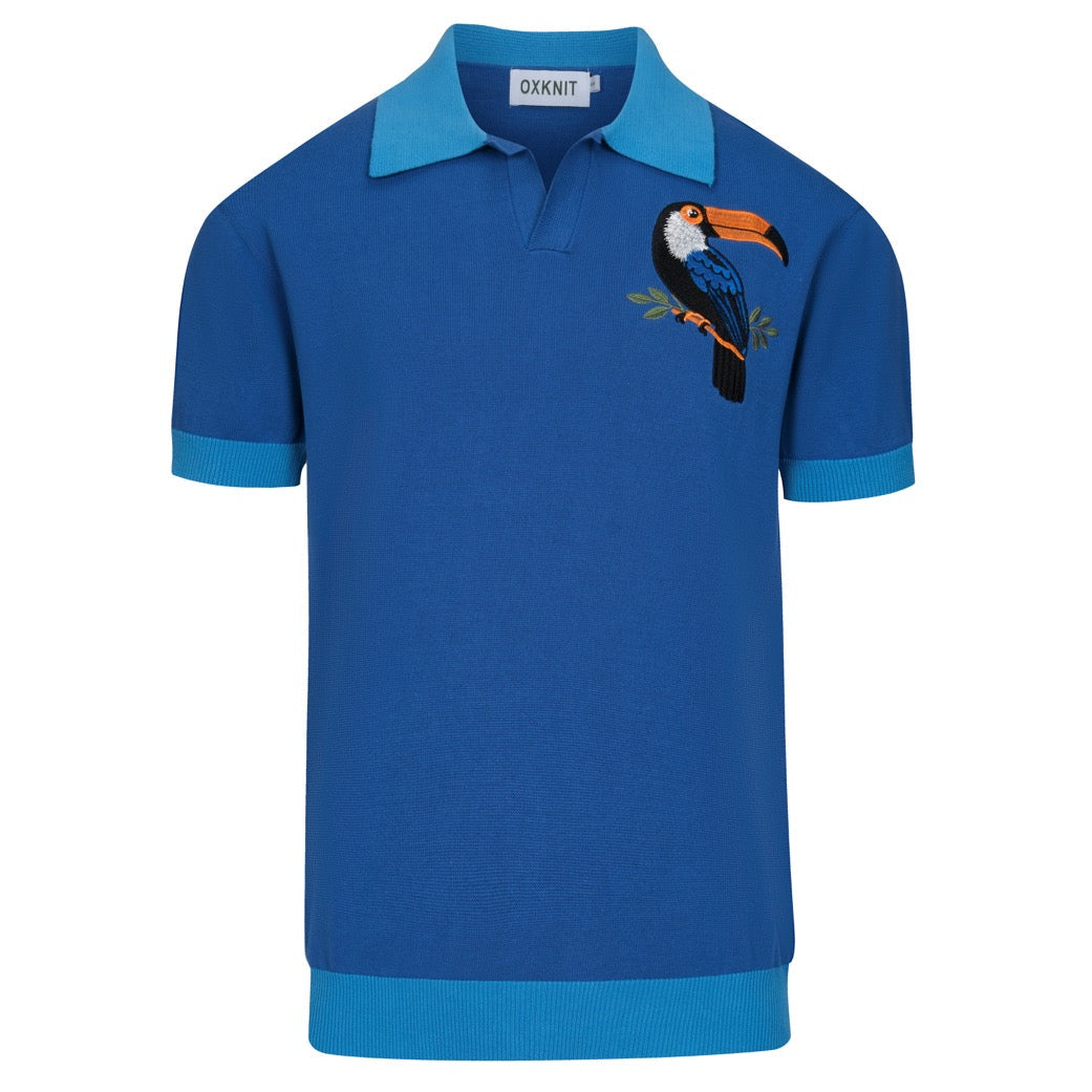 Heren blauwe vintage gebreide polo met dierenborduursel en V-hals