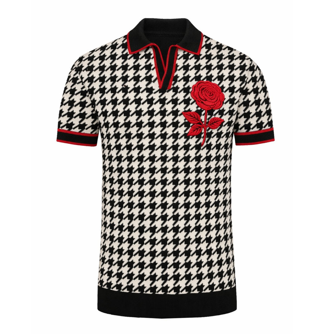 Gebreide zwarte polo met geborduurde roos voor heren