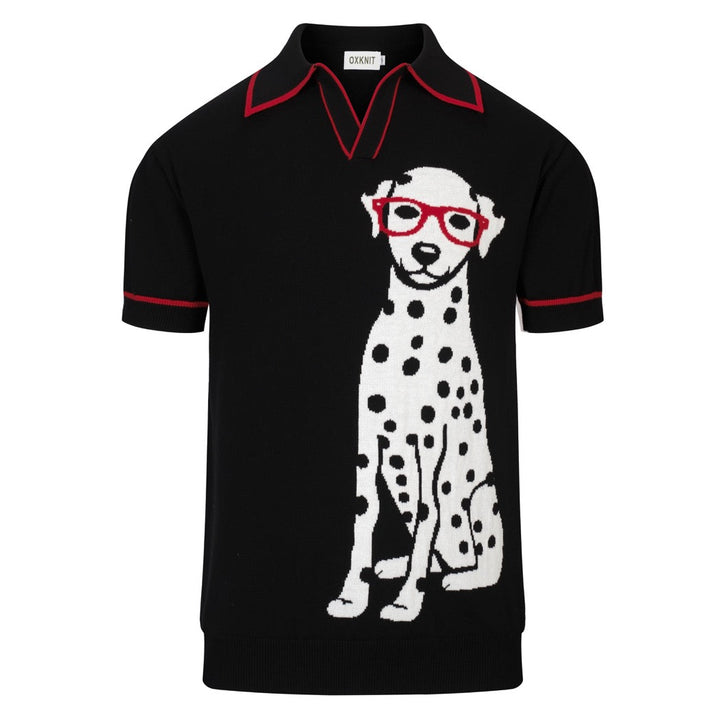 Men's black vintage spotted dog jacquard knitted polo shirt