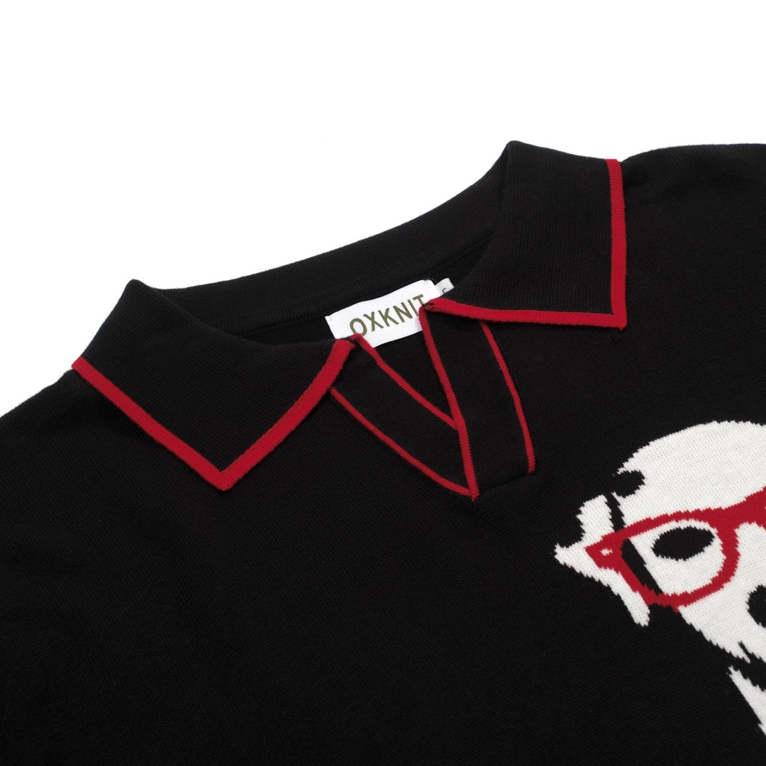 Men's black vintage spotted dog jacquard knitted polo shirt