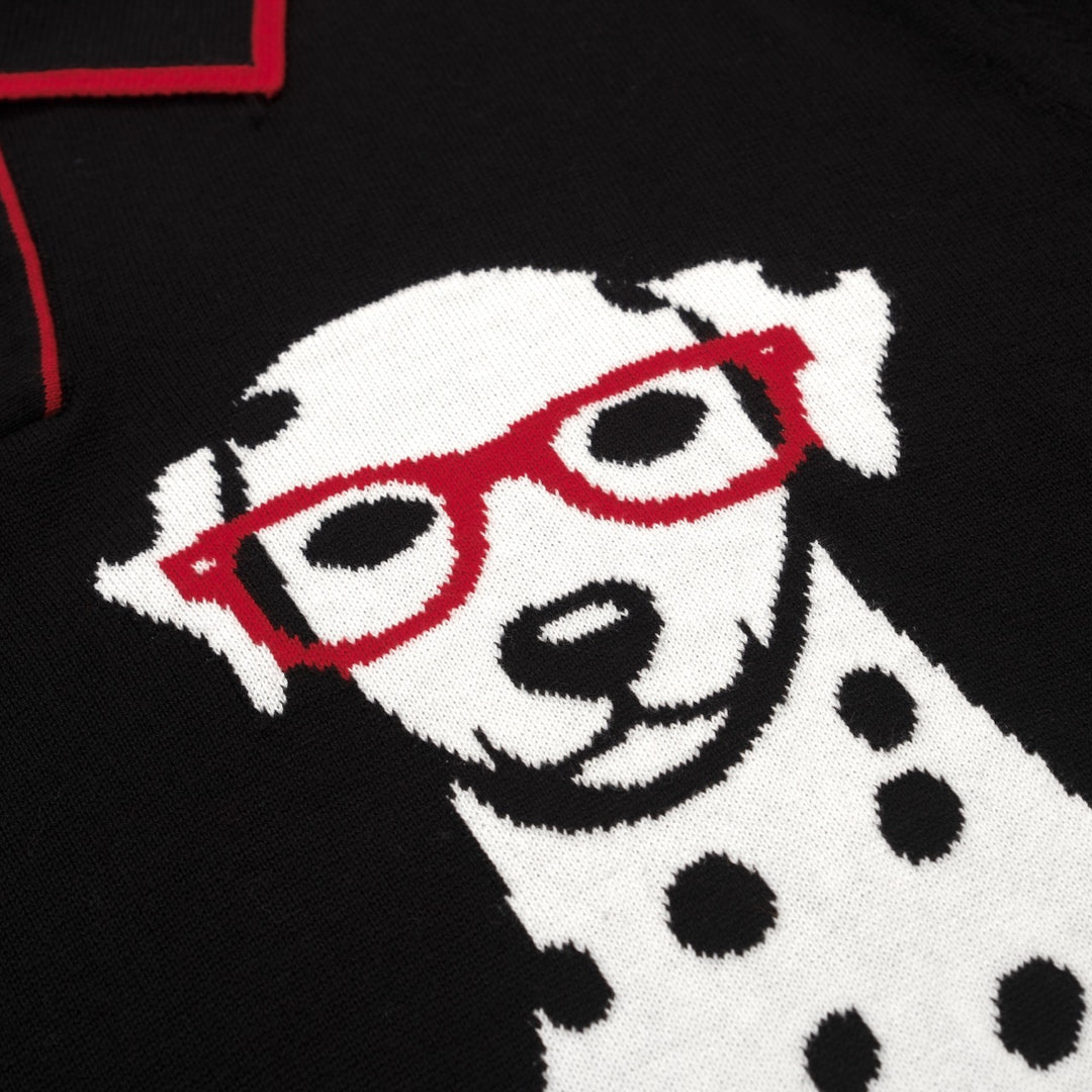 Men's black vintage spotted dog jacquard knitted polo shirt