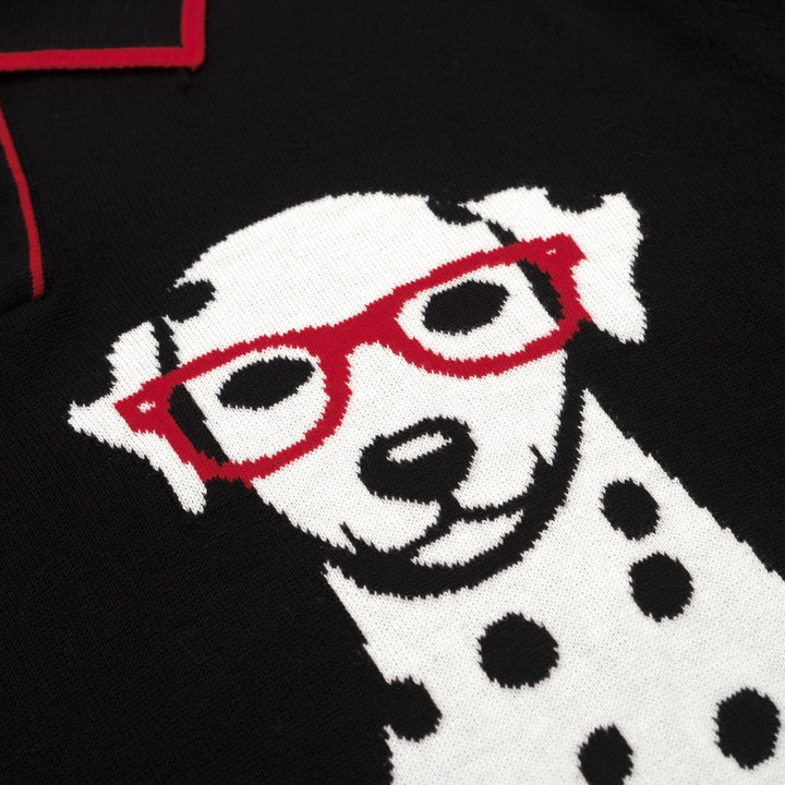 Men's black vintage spotted dog jacquard knitted polo shirt