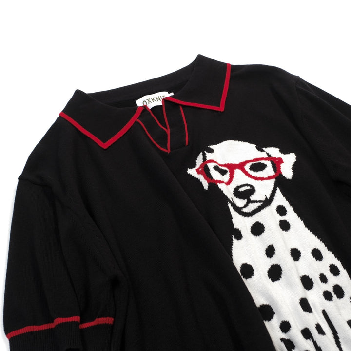 Men's black vintage spotted dog jacquard knitted polo shirt