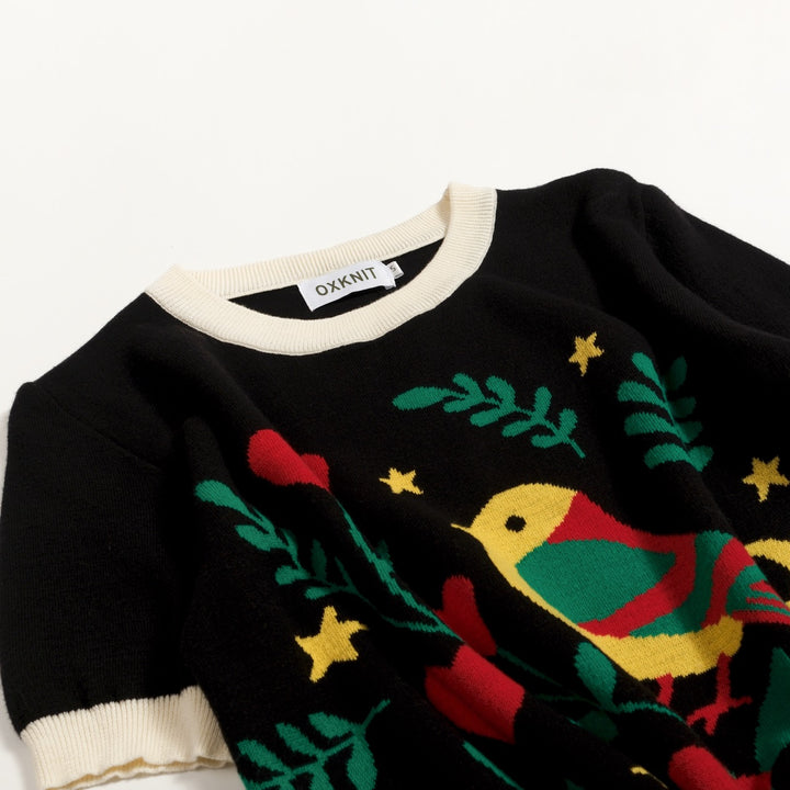 Camiseta de punto negra retro con estampado folk y cuello redondo para mujer