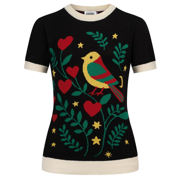 Camiseta de punto negra retro con estampado folk y cuello redondo para mujer