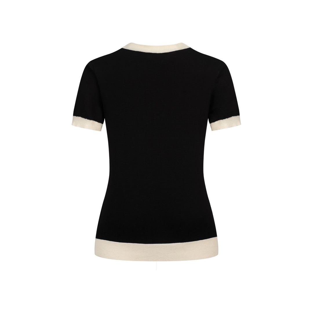 Camiseta de punto negra retro con estampado folk y cuello redondo para mujer