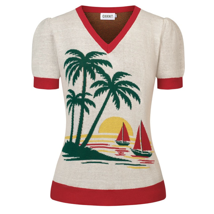 Women's Off-White Retro Tropical Resort Style Knitted T-Shirt