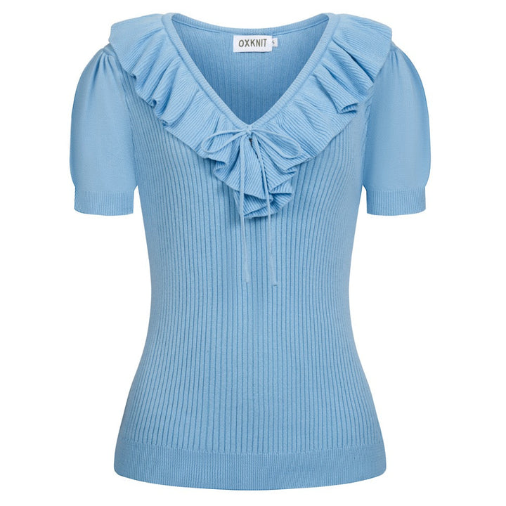 T-shirt tricoté bleu rétro à volants pour femme, col en V, taille à nouer