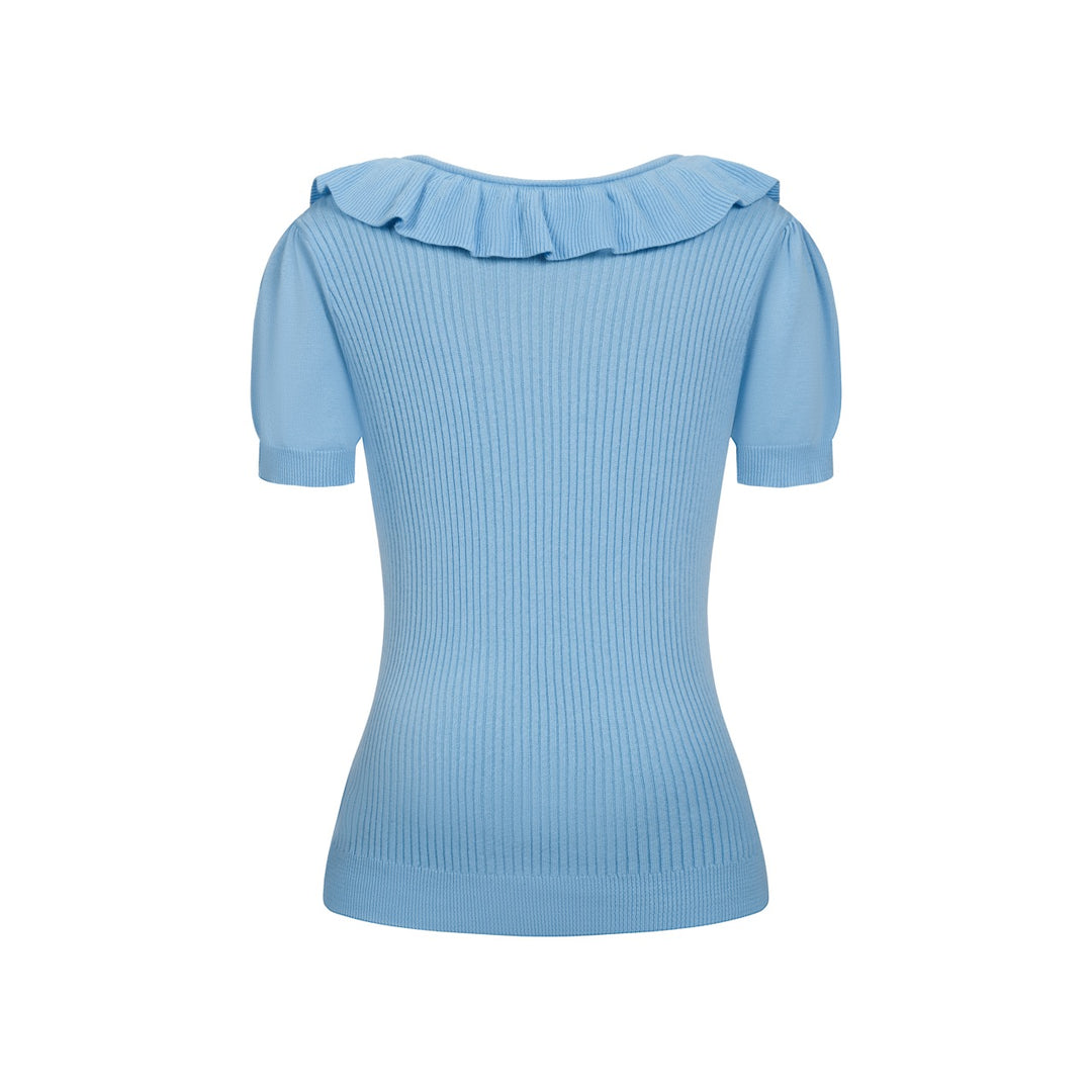 T-shirt tricoté bleu rétro à volants pour femme, col en V, taille à nouer