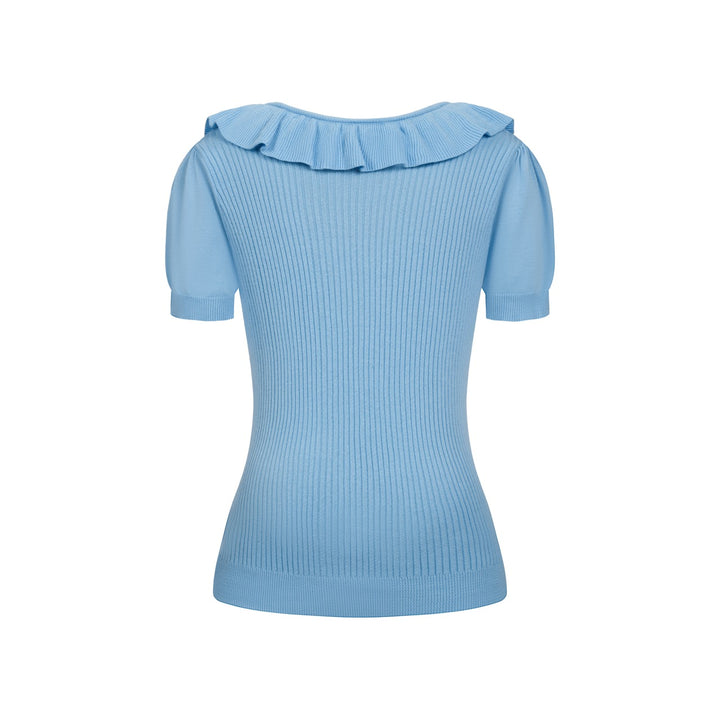 T-shirt tricoté bleu rétro à volants pour femme, col en V, taille à nouer
