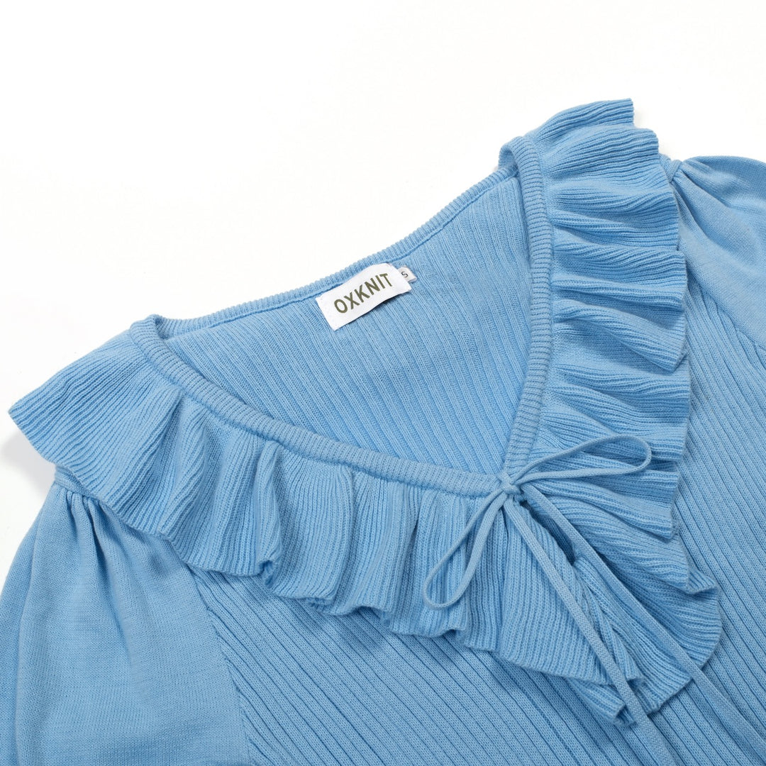 T-shirt tricoté bleu rétro à volants pour femme, col en V, taille à nouer