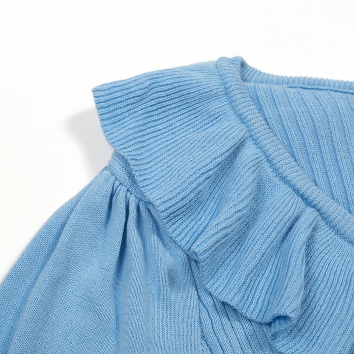 T-shirt tricoté bleu rétro à volants pour femme, col en V, taille à nouer
