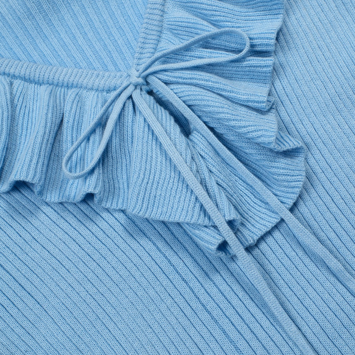 T-shirt tricoté bleu rétro à volants pour femme, col en V, taille à nouer