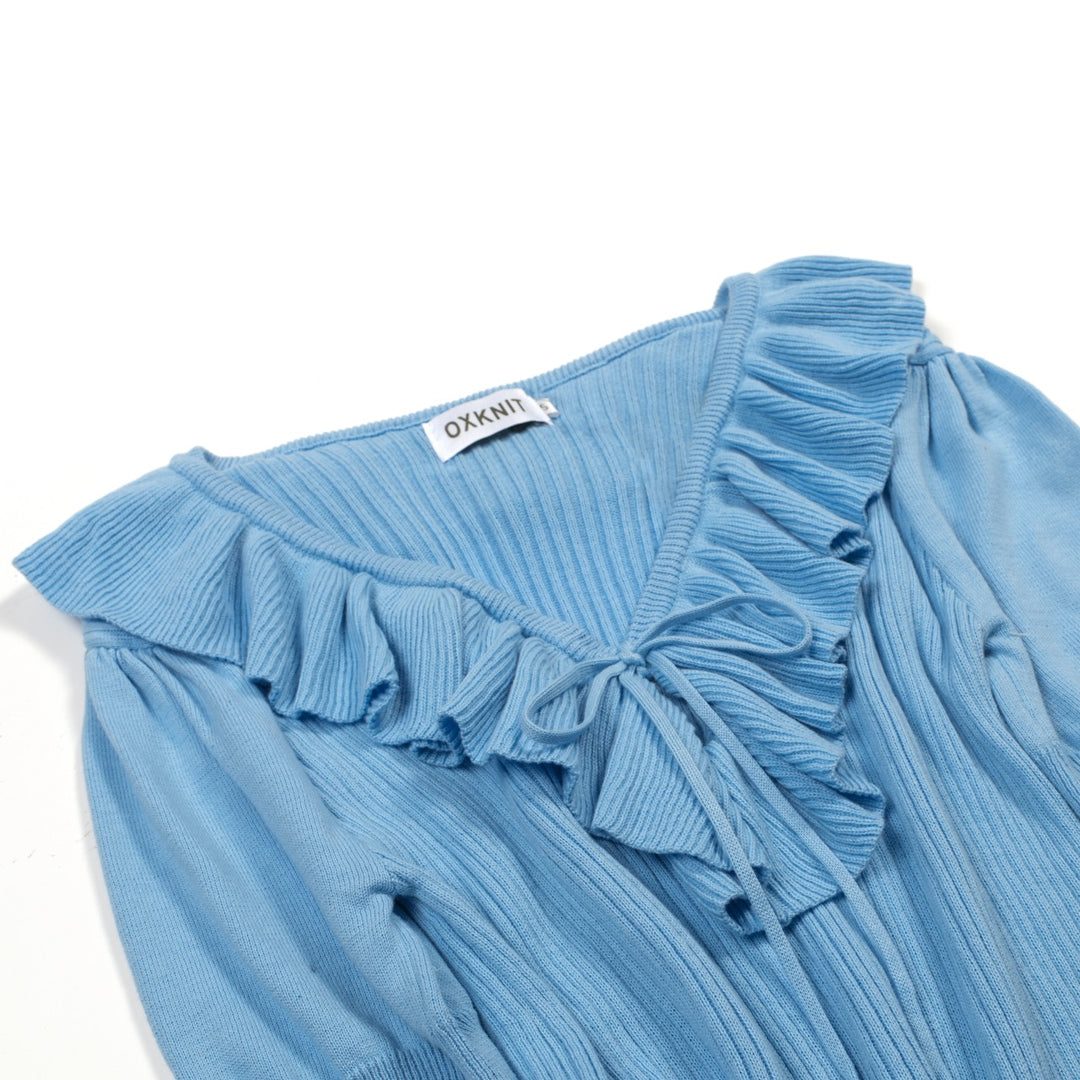 T-shirt tricoté bleu rétro à volants pour femme, col en V, taille à nouer