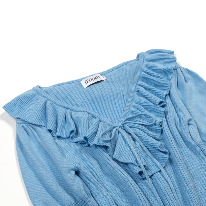 T-shirt tricoté bleu rétro à volants pour femme, col en V, taille à nouer