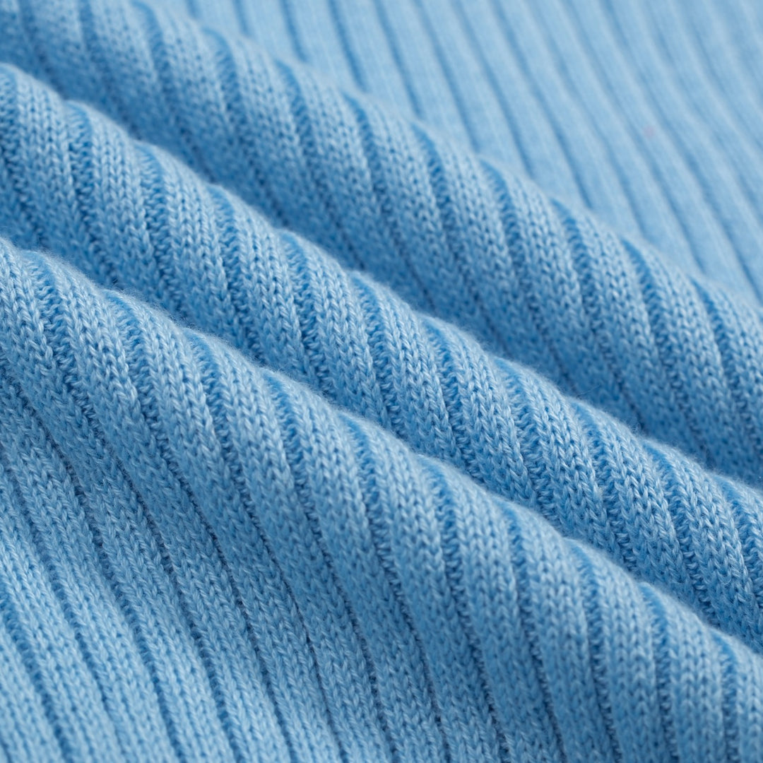 T-shirt tricoté bleu rétro à volants pour femme, col en V, taille à nouer