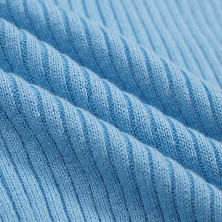 T-shirt tricoté bleu rétro à volants pour femme, col en V, taille à nouer