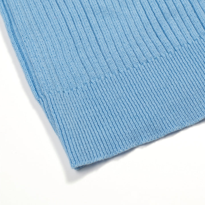 T-shirt tricoté bleu rétro à volants pour femme, col en V, taille à nouer