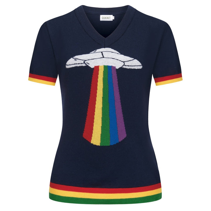 T-shirt tricoté rétro bleu foncé arc-en-ciel pour femme