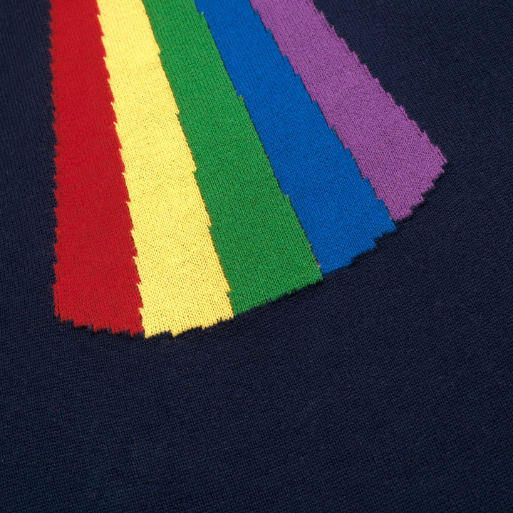 T-shirt tricoté rétro bleu foncé arc-en-ciel pour femme