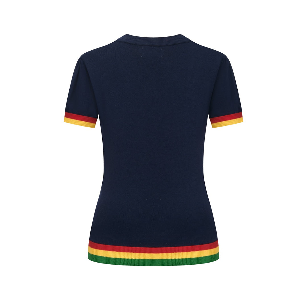 T-shirt tricoté rétro bleu foncé arc-en-ciel pour femme