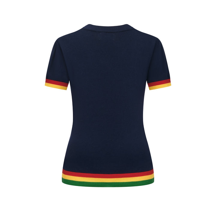 T-shirt tricoté rétro bleu foncé arc-en-ciel pour femme
