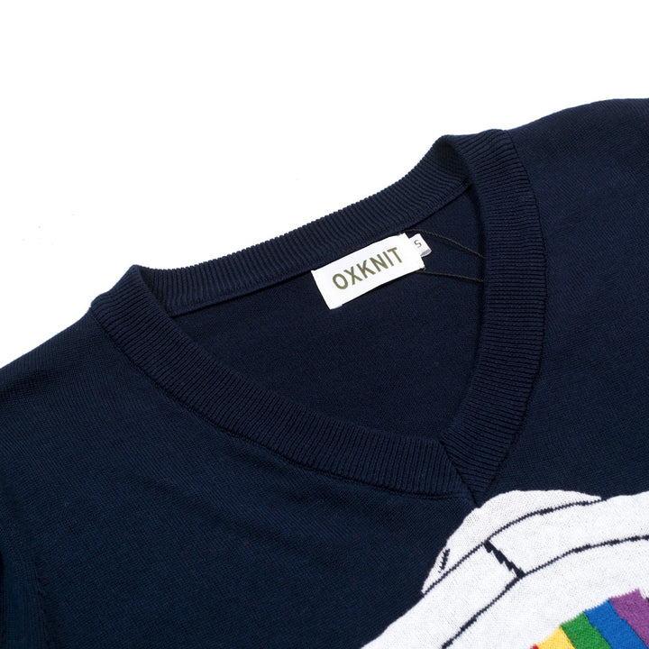 T-shirt tricoté rétro bleu foncé arc-en-ciel pour femme