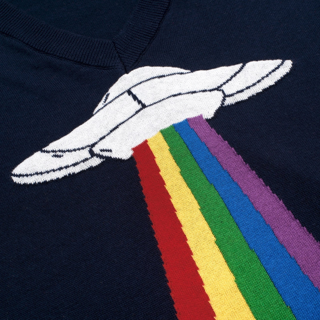 T-shirt tricoté rétro bleu foncé arc-en-ciel pour femme