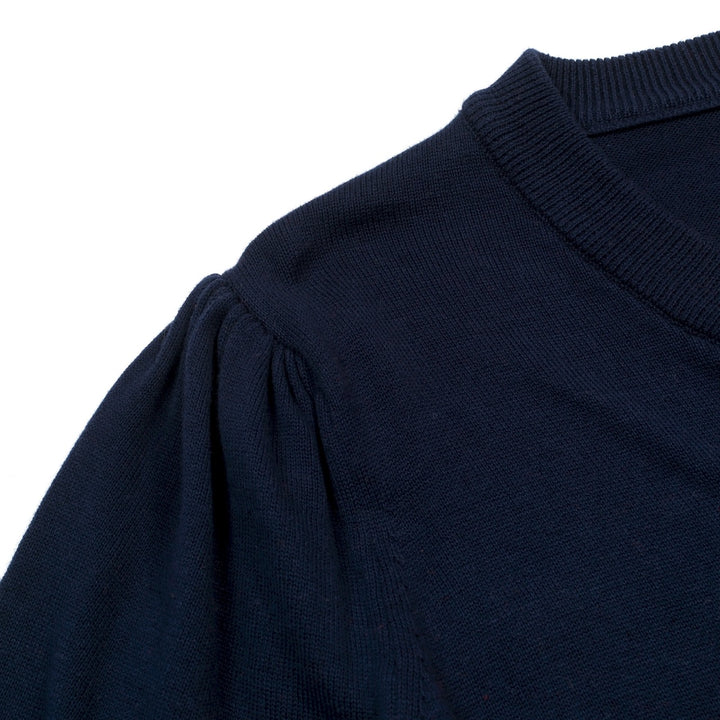 T-shirt tricoté rétro bleu foncé arc-en-ciel pour femme